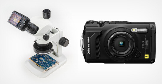 A digital camera is mounted on a white microscope examining a circuit board. Next to it, there is a black OM System TG-7 compact digital camera on a white background.