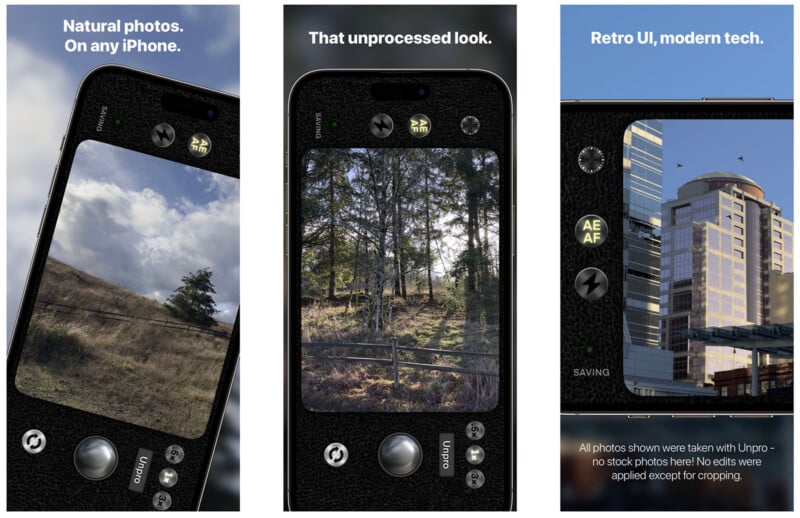 Tres pantallas de teléfonos inteligentes muestran una aplicación de cámara con una interfaz retro, que muestra fotografías naturales sin editar de escenas al aire libre y arquitectura urbana. El texto resalta fotografías naturales, una apariencia no manipulada y una interfaz de usuario nostálgica.