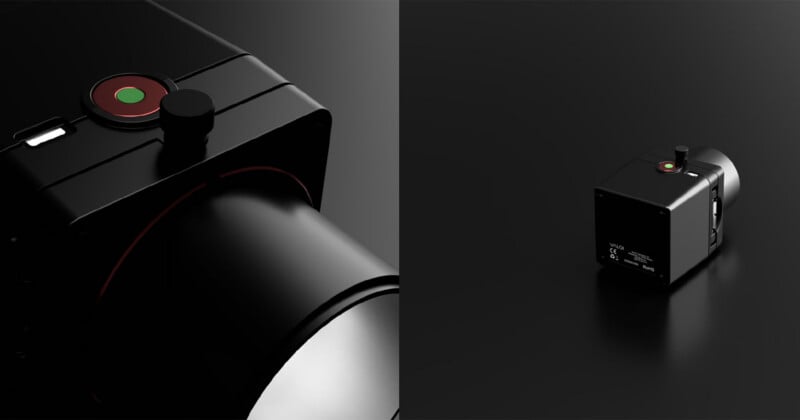 A sleek, black, cube-shaped camera with a large lens, a red button, and a small dial on top, shown in close-up on the left and from an angled view on the right, against a dark background.