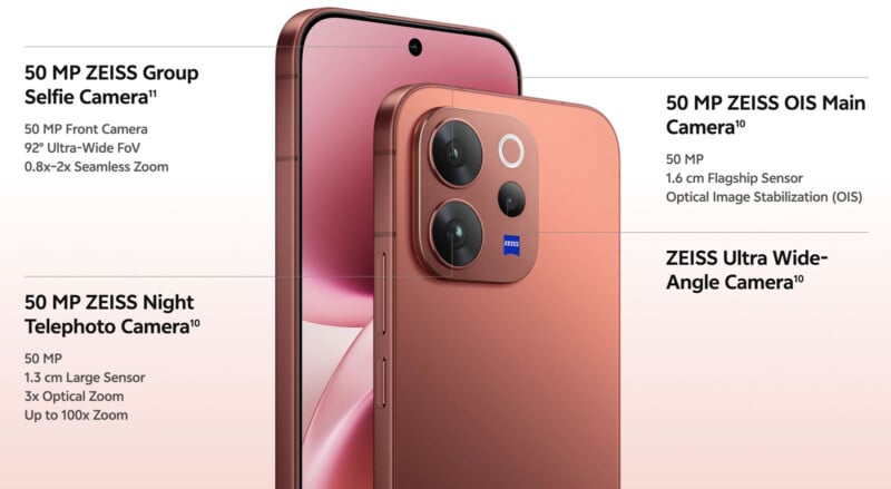 A pink smartphone with three rear cameras and a front camera, each labeled: 50 MP Zeiss Group Selfie Camera, 50 MP Zeiss OIS Main Camera, 50 MP Zeiss Night Telephoto Camera, and Zeiss Ultra Wide-Angle Camera.