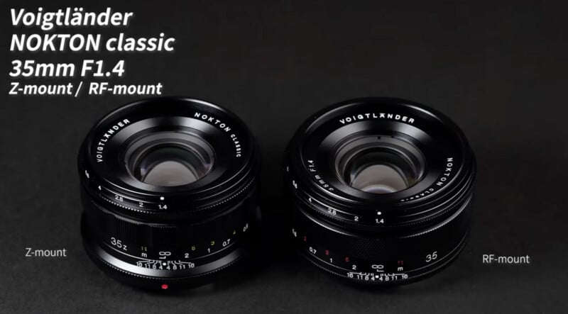 Two Voigtländer NOKTON classic 35mm F1.4 camera lenses are displayed side by side on a black background. The left lens is labeled Z-mount, and the right lens is labeled RF-mount. White text appears in the top left corner.