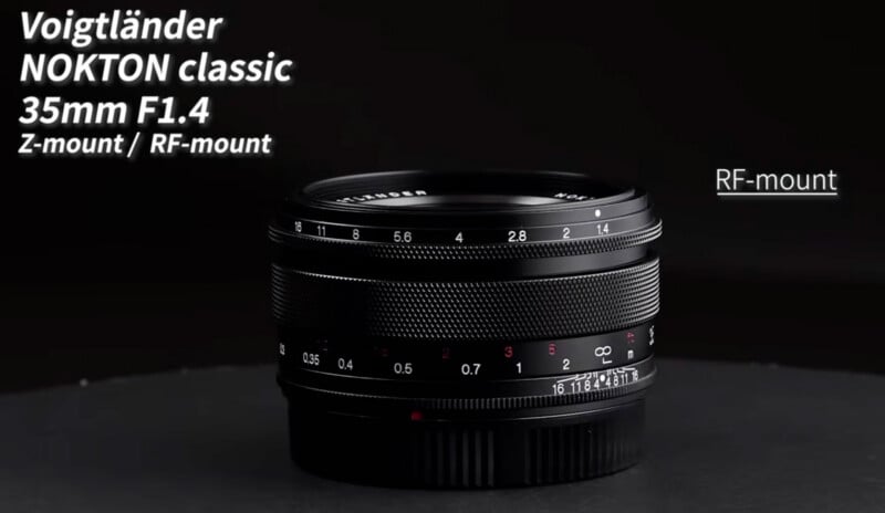A Voigtländer NOKTON classic 35mm F1.4 camera lens is displayed on a dark surface with text indicating it is available in Z-mount and RF-mount; RF-mount is highlighted on the right side.
