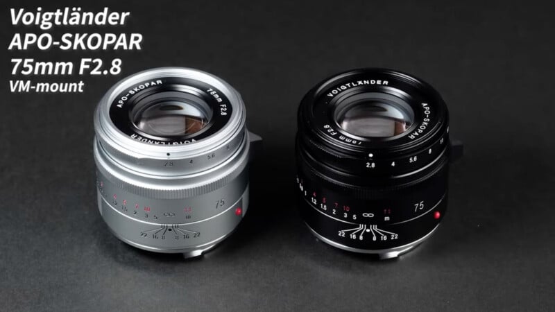 Two Voigtländer APO-SKOPAR 75mm F2.8 VM-mount camera lenses, one silver and one black, are displayed side by side on a dark background. Text in the image describes the product and its specifications.