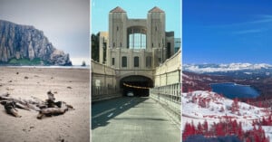 A split image shows a rocky beach with driftwood, a tunnel entrance with a single car, and a snowy mountain landscape with a lake and pine trees.