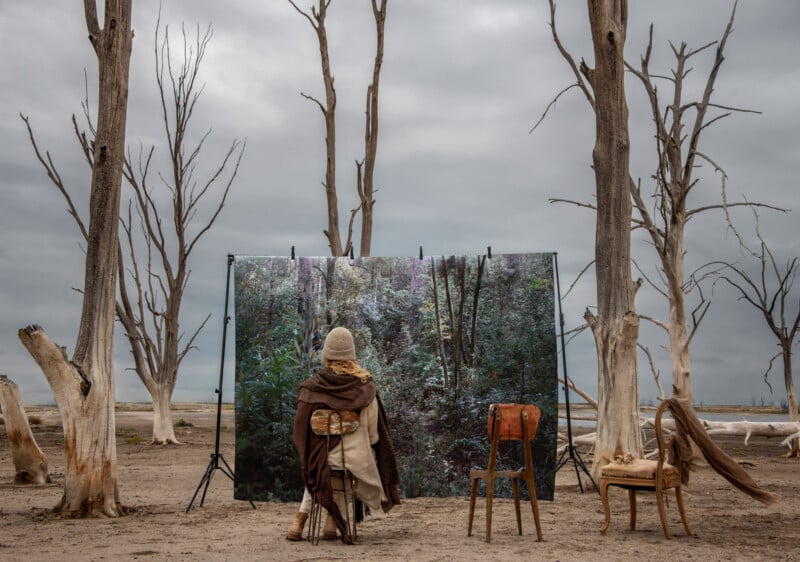 A person in winter clothing sits on a stool facing a large photo backdrop of green forest, set among barren trees and dry land under a cloudy sky. Two empty chairs are nearby.