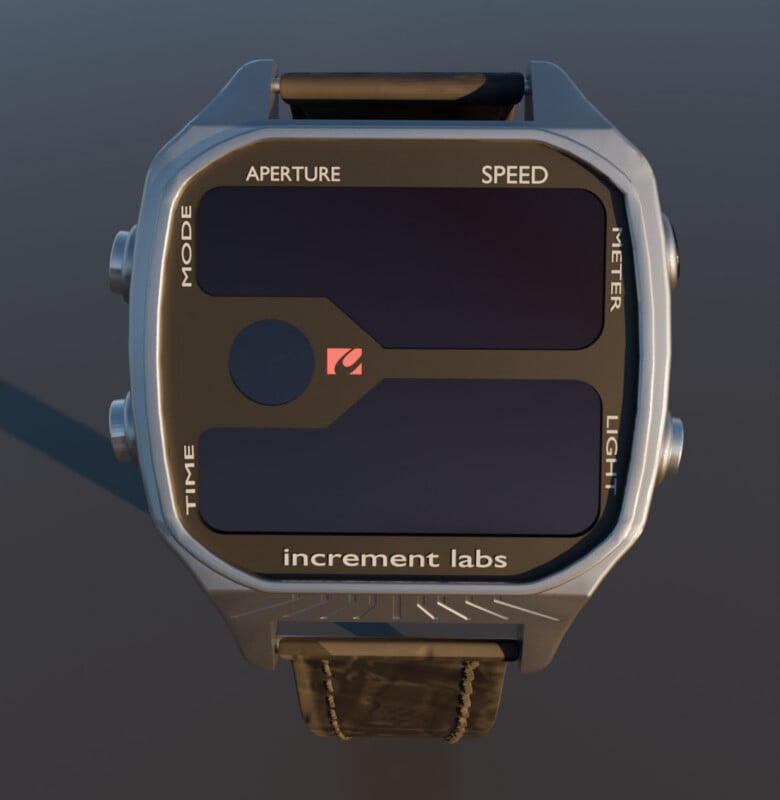 Un reloj cuadrado moderno con pantalla negra y estructura de metal. Hay palabras como esta en el dial. "modelo," "abertura," "velocidad," "metro," y "Luz," junto con "Laboratorio incremental" en la parte inferior.