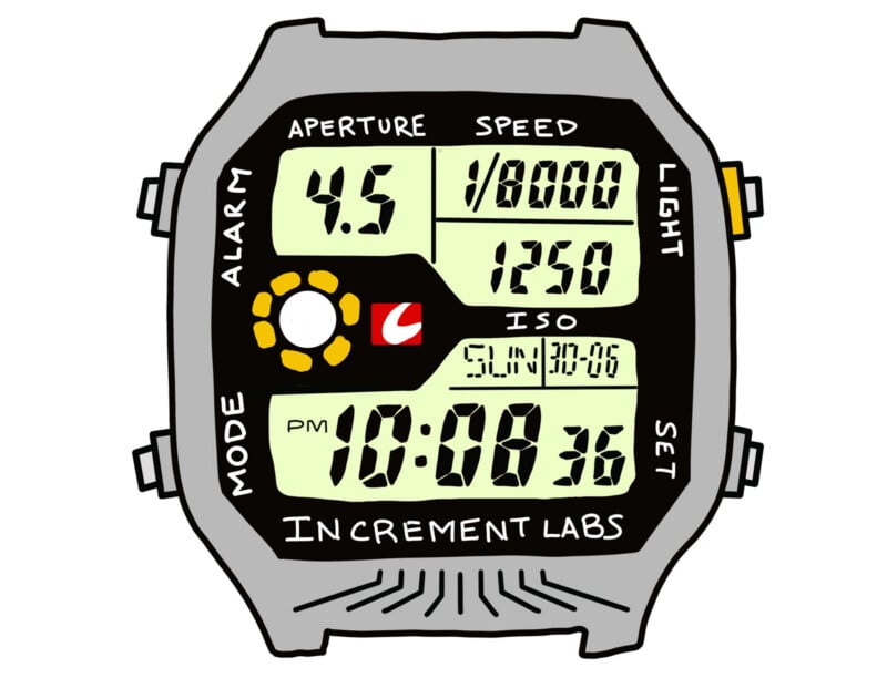 La pantalla del reloj digital muestra la configuración de la cámara: apertura 4,5, velocidad 1/8000, ISO 1250 y hora 22:08:36. El reloj cuenta con botones etiquetados para modo, alarma, luz y configuración.
