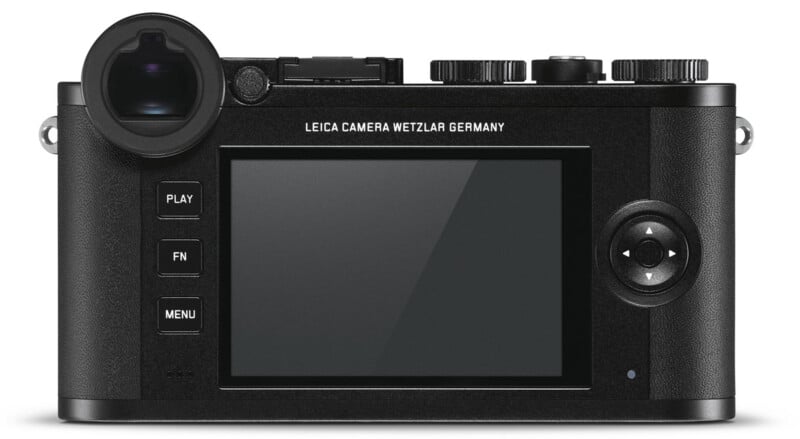 The back view of a black Leica camera showing a screen, control buttons labeled Play, FN, and Menu on the left, a large viewfinder on the top left, and dials and directional pad on the right.