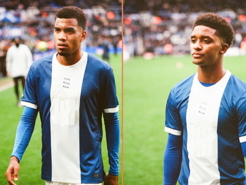 Two male soccer players wearing blue and white uniforms stand on a field. Both appear focused, with blurred spectators and other players visible in the stadium background. The image is split vertically to show each player.