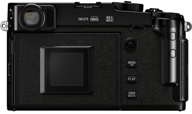 Rear view of a black digital camera showing the viewfinder, control dials, buttons, and a rectangular LCD screen on the left side of the back panel.