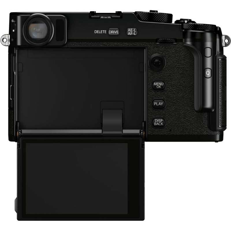 Rear view of a black digital camera with a textured grip, several control buttons, and a flip-out LCD screen tilted downward. The screen covers some buttons and reveals part of the camera’s back.
