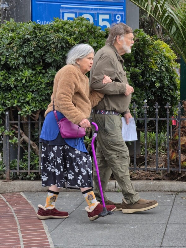 An elderly woman with gray hair, a brown jacket, and a pink cane walks beside an elderly man in green clothing. She carries a purple bag and wears socks with dog faces. They are outdoors by a fence and greenery.