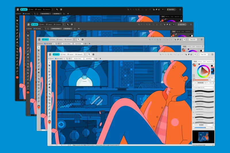 Four overlapping digital art software windows display an illustration of a person in orange and blue, seated in a futuristic room. Each window shows different interface themes and drawing tools on a blue background.