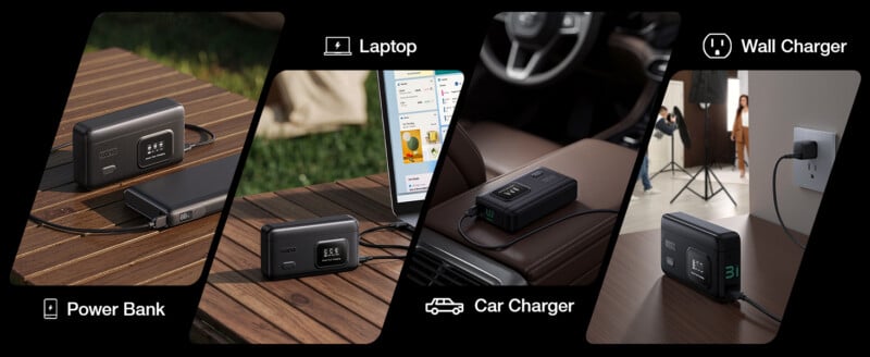 Four panels show a portable power bank used as a power source for a phone outside, a laptop on a desk, a car charger, and plugged into a wall charger in a photography studio. Icons label each usage scenario.