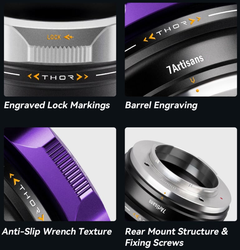 El collage muestra un primer plano del adaptador de lente de la cámara, destacando la marca de bloqueo grabada, el grabado del cañón, la textura de la llave antideslizante y el asiento trasero con tornillos de fijación.