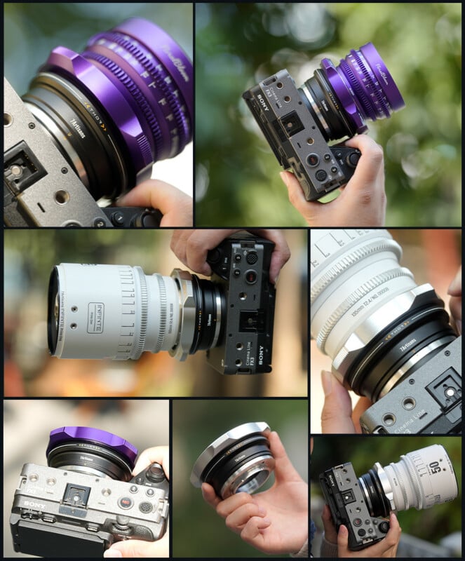 Un collage muestra el cuerpo de una cámara con lentes de diferentes colores (morado, blanco y plateado). La cámara fue filmada en una variedad de escenarios al aire libre, resaltando diferentes diseños y colores de lentes.