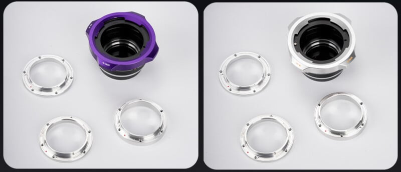 Se muestran dos juegos de adaptadores metálicos para lentes de cámara sobre un fondo blanco. El conjunto de la izquierda incluye una montura morada con tres anillos plateados; el conjunto de la derecha tiene una base plateada y tres anillos plateados a juego.