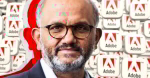 A man with glasses and a beard is shown in front of a background filled with repeated Adobe logos. The image has a red and white outline effect around the man.