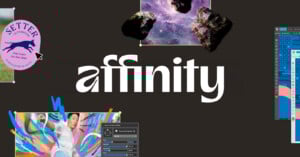 The image features the word "affinity" in bold white text on a dark background, surrounded by floating graphics: a purple dog logo, a cosmic scene with asteroids, a digital art interface, and an artist with paint strokes.