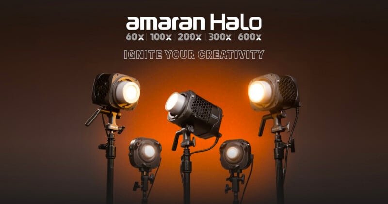 Five studio lights are illuminated against an orange background. Above them, white text reads “amaran Halo 60x 100x 200x 300x 600x” and orange text says “IGNITE YOUR CREATIVITY.”.