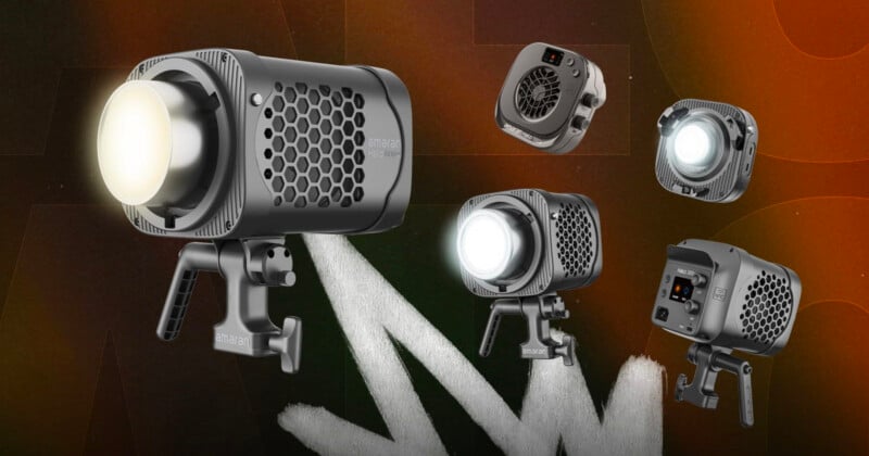 Five compact, black LED studio lights with honeycomb-style vents are displayed against a dark, gradient background with white streaks. Some lights are turned on, emitting a bright glow.