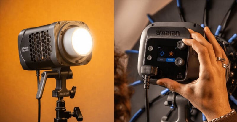 A studio light labeled "amaran" is shown on a stand lit against an orange background. The second image shows a close-up of a hand adjusting settings on the back control panel of the same light.