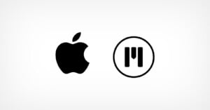A black Apple logo is on the left, and a black "M" inside a circle is on the right, both centered on a white background.