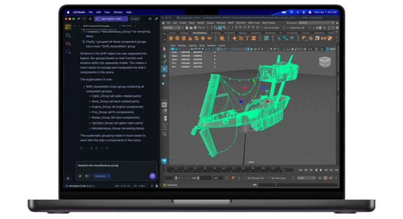 A laptop screen displays Autodesk Maya with a 3D model of machinery in wireframe mode on the right, and a dark-themed text guide or script on the left, explaining steps for organizing model components.