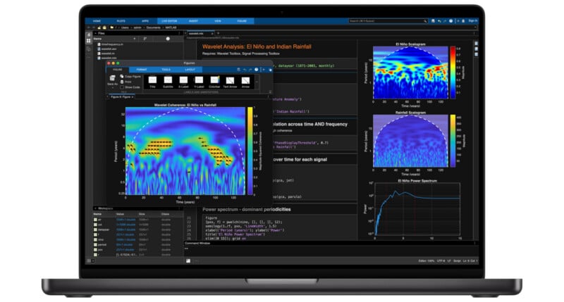 A laptop screen displays scientific data analysis software with colorful wavelet analysis plots, code snippets, and data tables related to climate or geophysical research.