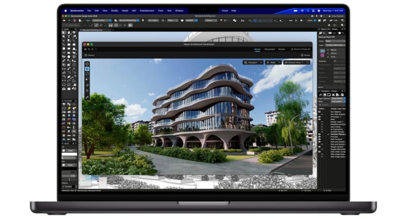 A laptop screen displays architectural design software showing a 3D rendering of a modern, curved building with trees and landscaping, surrounded by various editing toolbars and design elements.