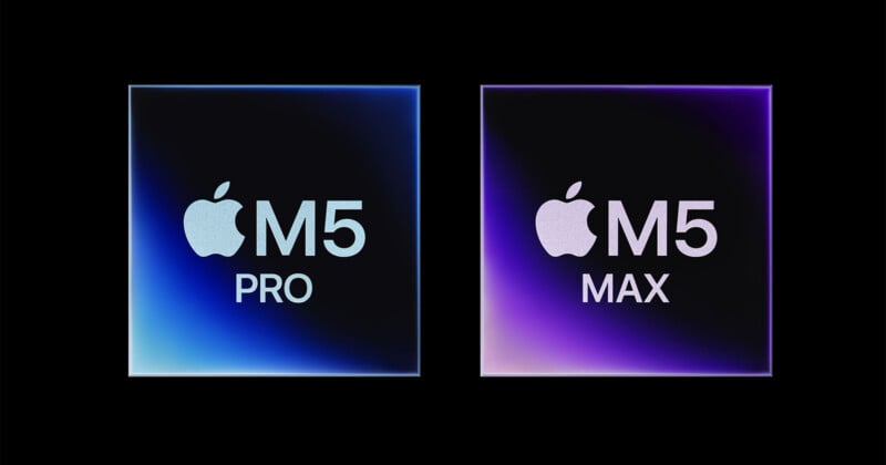  the left shows the Apple logo, "M5 PRO" with a blue gradient; the right shows the Apple logo, "M5 MAX" with a purple gradient.
