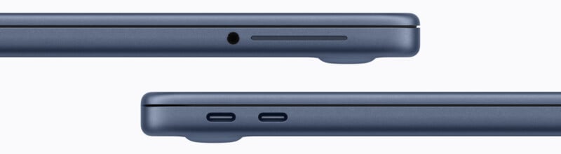 Side view of a blue laptop showing two USB-C ports on one side and a headphone jack with an SD card slot on the other side.