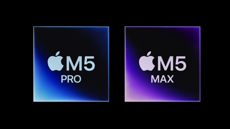 Two square graphics on a black background display Apple chip logos. The left reads "Apple M5 Pro" with a blue gradient, and the right reads "Apple M5 Max" with a purple gradient.