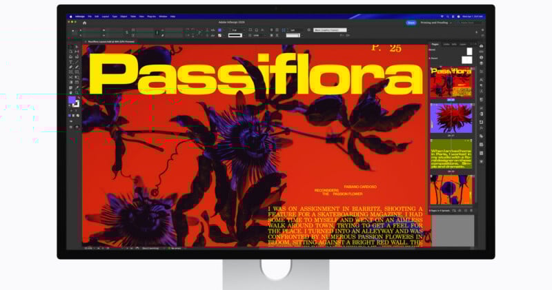 A computer monitor displays a bold, yellow “Passiflora” title over an orange-red background with purple passionflower illustrations, alongside layout design elements and text in a desktop publishing software.