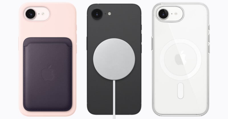 Three iPhones with different cases: a pink case with a purple cardholder, a black case with a round magnetic charger attached, and a clear case with a visible MagSafe ring and Apple logo.