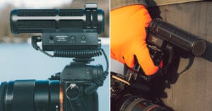 Close-up views of a black Audio-Technica microphone mounted on a camera; left image shows the microphone outdoors, right image shows a person in orange gloves holding the camera with the microphone attached.
