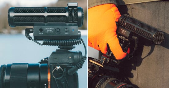 Close-up views of a black Audio-Technica microphone mounted on a camera; left image shows the microphone outdoors, right image shows a person in orange gloves holding the camera with the microphone attached.