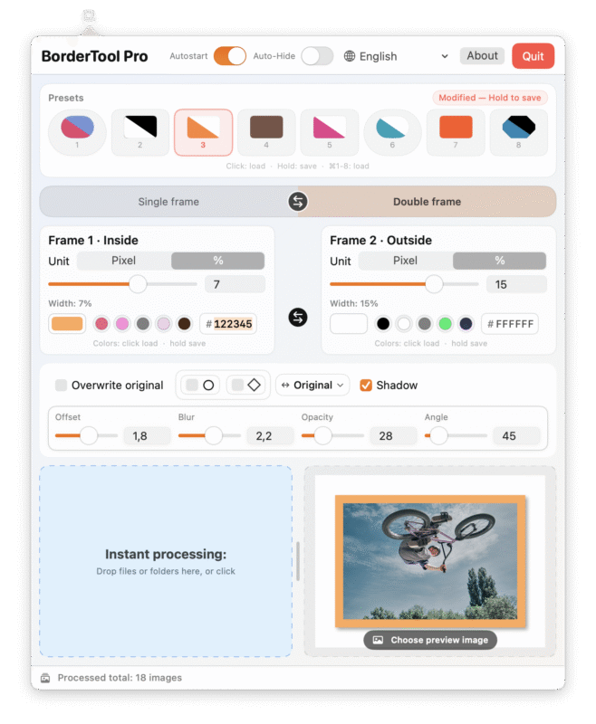 Screenshot of a border design tool interface showing options for presets, frame settings, colors, shadows, and a preview area with an image of a person on a BMX bike performing a trick.