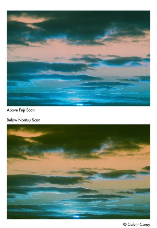 Two photos of a cloudy sunset sky, labeled “Above Fuji Scan” and “Below Noritsu Scan,” showing the same scene with different color tones; the top is cooler and bluer, the bottom is warmer and more orange.