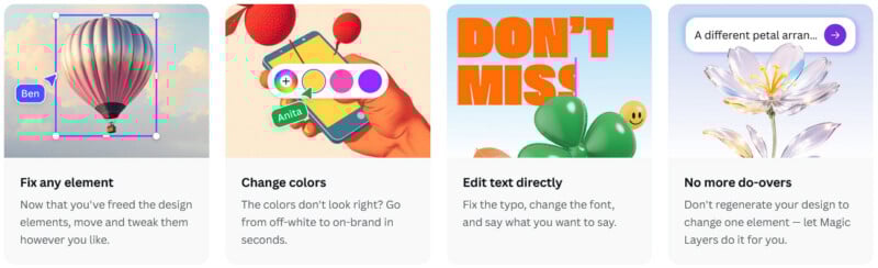  editing a hot air balloon's label, changing colors on a phone screen, editing bold orange text, and a flower with altered petals. Each panel highlights a different design editing feature.