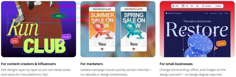  colorful "Run Club" text on a running track, two sale cards for summer and spring, and a "Restore" graphic with blue 3D shapes. Captions highlight features for creators, marketers, and small businesses.