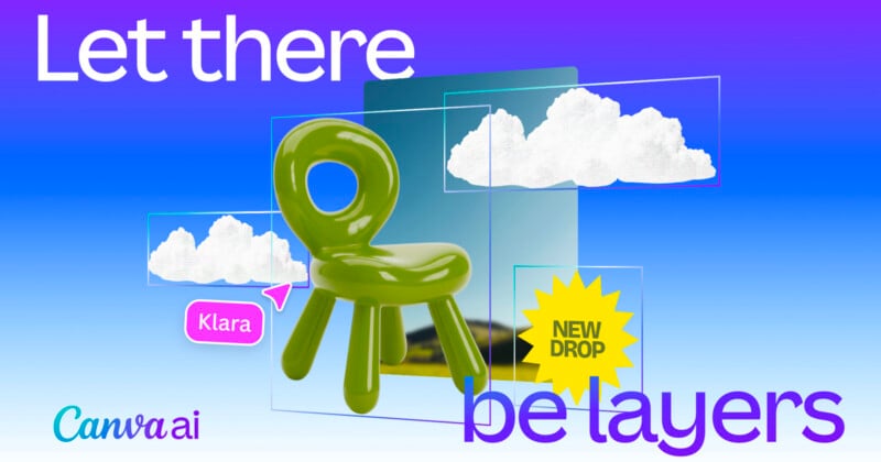 Digital graphic with the text “Let there be layers.” Features clouds, a green abstract chair, a speech bubble labeled “Klara,” a “NEW DROP” starburst, and Canva ai branding on a blue gradient background.