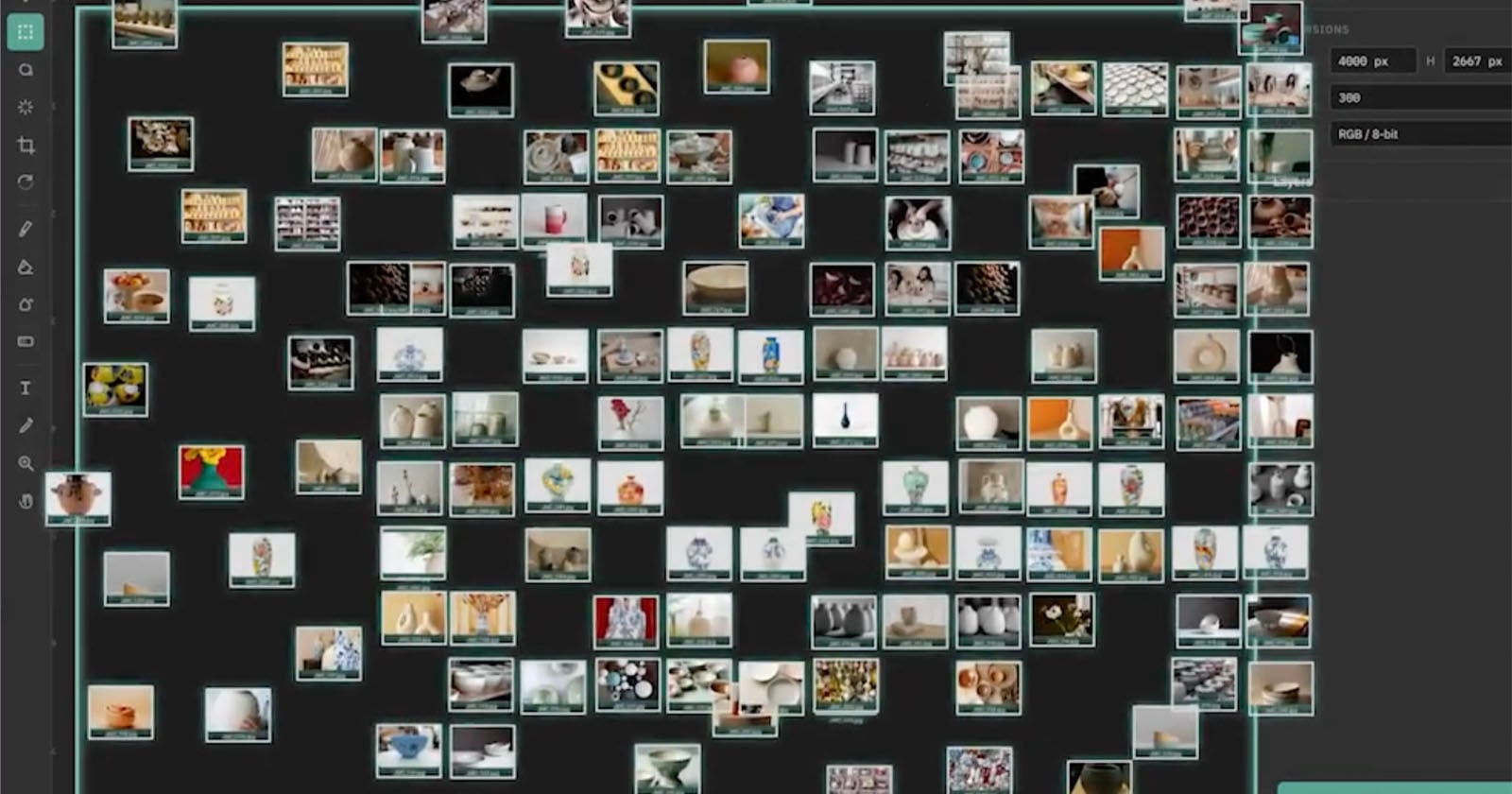 A computer screen displays a grid of numerous small, assorted images on a black background, resembling a digital photo gallery or image organization software interface.