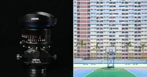 Split image: Left side shows a close-up of a Laowa 17mm F4 camera lens against a black background; right side displays a colorful high-rise building behind a basketball court with a hoop and palm trees.