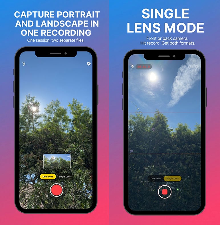 Two phones display a camera app. The left screen shows dual-lens mode capturing landscape and portrait at once. The right shows single lens mode with just one recording. Instructions and buttons appear on both screens.
