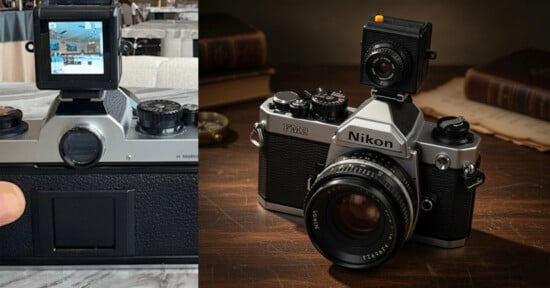 Two images of a vintage Nikon film camera with a digital viewfinder attached on top. The left shows the back view with the screen displaying a photo; the right shows the camera on a wooden surface with books in the background.