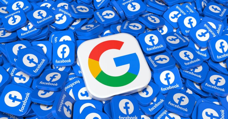 A large 3D Google logo cube is surrounded by numerous blue cubes displaying the Facebook logo and text on their surfaces.
