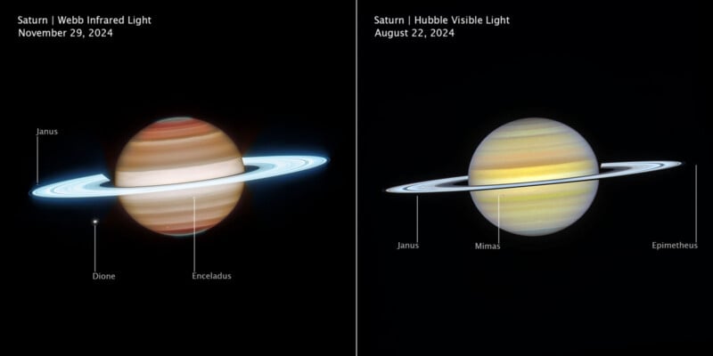  left shows a blurry infrared view from Webb with labeled moons Janus, Dione, Enceladus; right shows a sharper visible light view from Hubble with Janus, Mimas, and Epimetheus labeled.