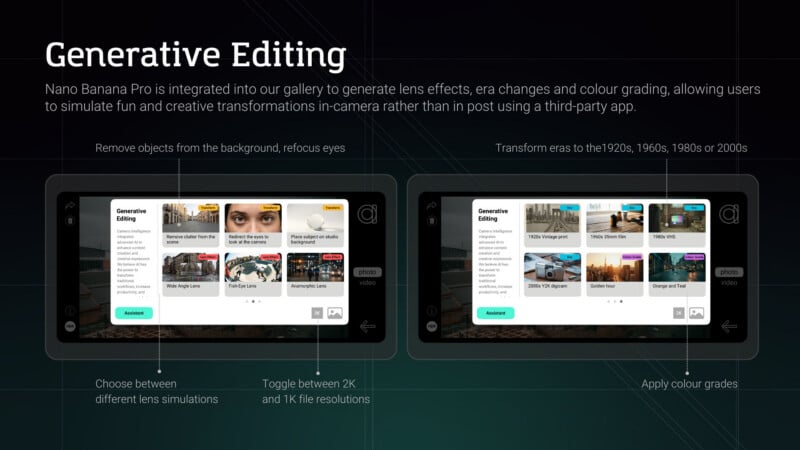 Two tablet screens displaying a photo editing app with features like background removal, era transformations, lens effects, resolution toggles, and adjustable colours. Text explains generative editing capabilities.