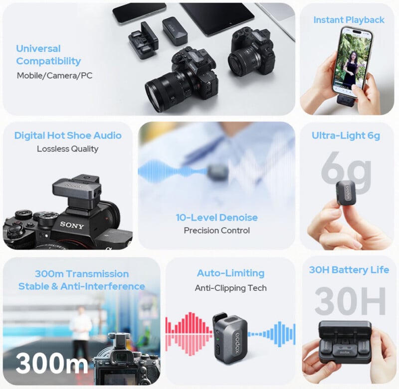 A promotional graphic highlights a compact wireless microphone’s features, including universal compatibility, instant playback, lossless audio, light 6g weight, 300m range, 10-level denoise, auto-limiting, and 30-hour battery life.